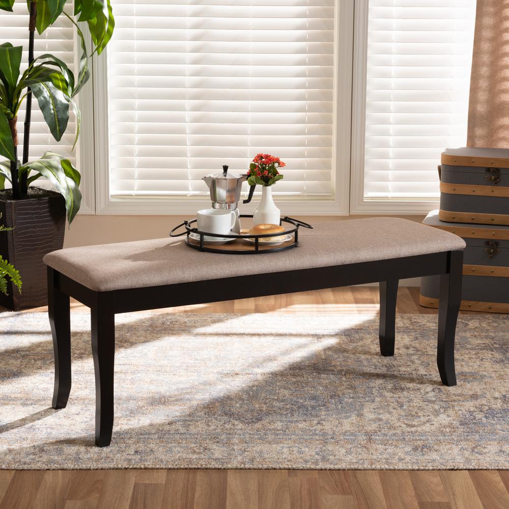 Transitional Sand Fabric Upholstered and Dark Brown Finished Wood Dining Bench. Picture 12
