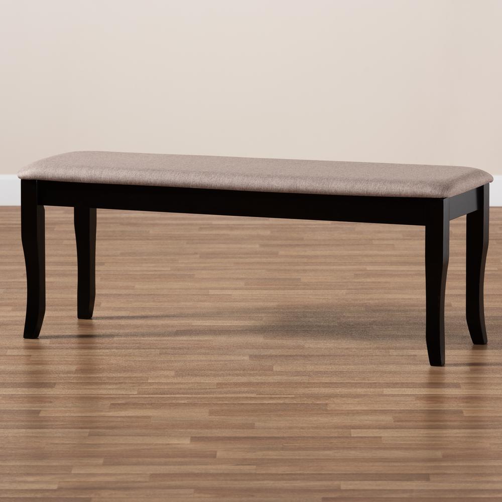 Transitional Sand Fabric Upholstered and Dark Brown Finished Wood Dining Bench. Picture 13