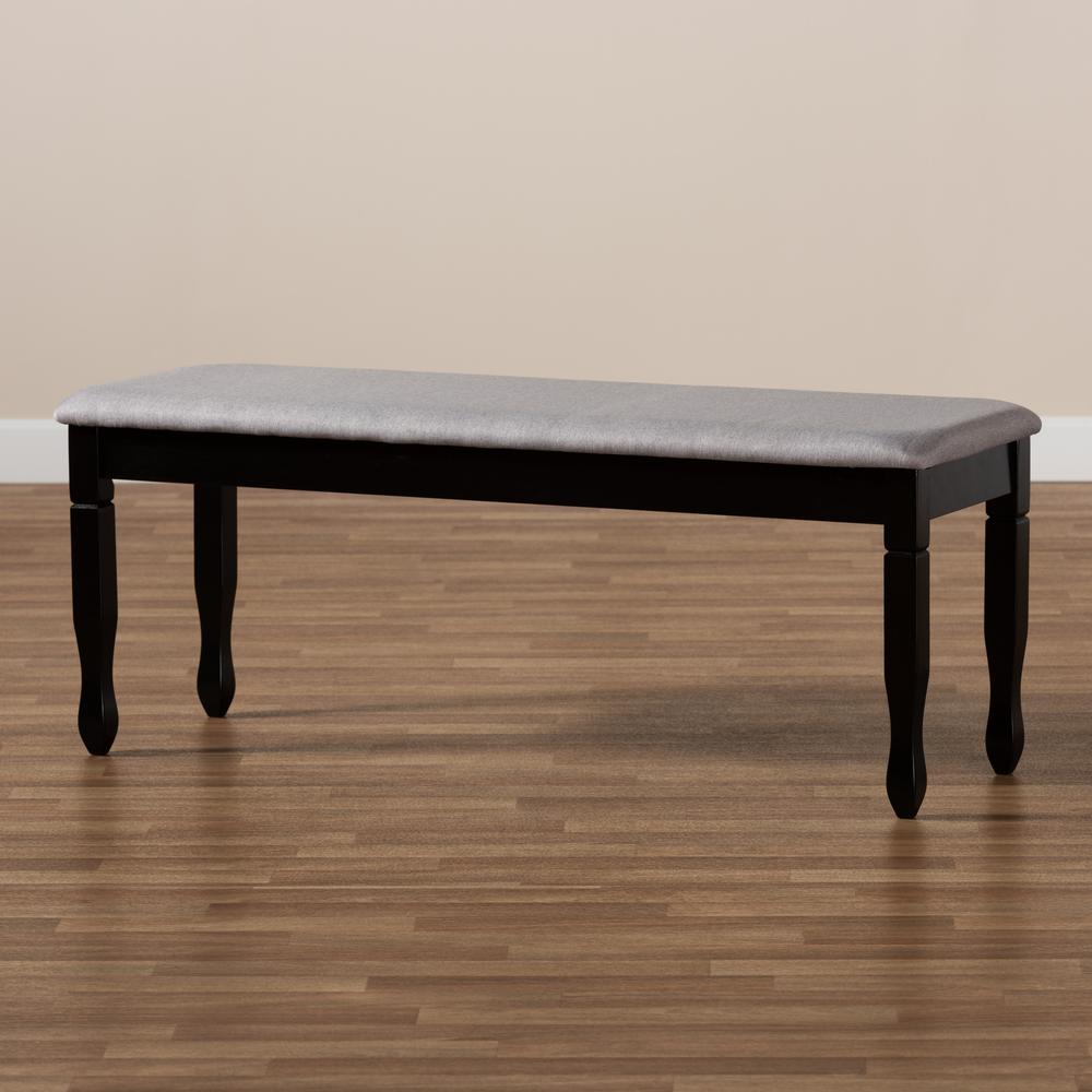 Grey Fabric Upholstered and Dark Brown Finished Wood Dining Bench. Picture 13