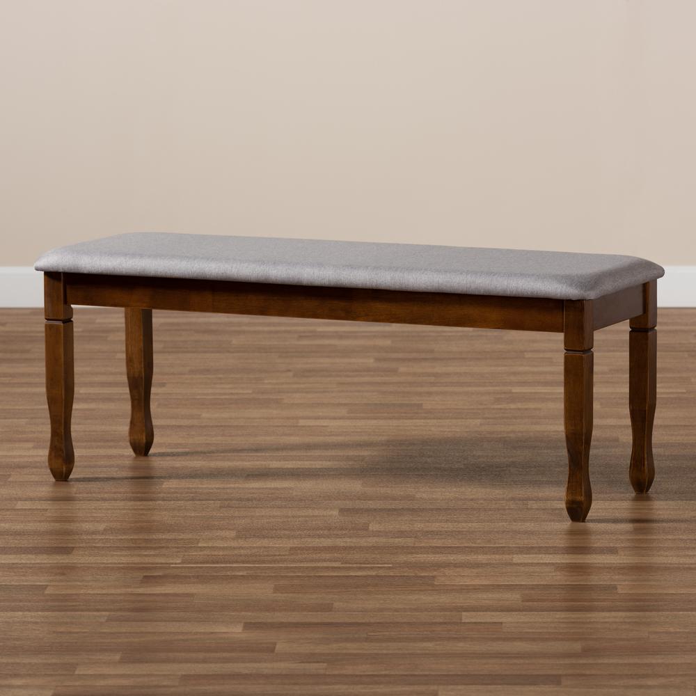 Grey Fabric Upholstered and Walnut Brown Finished Wood Dining Bench. Picture 13
