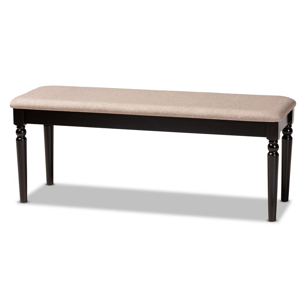 Sand Fabric Upholstered and Dark Brown Finished Wood Dining Bench. Picture 8