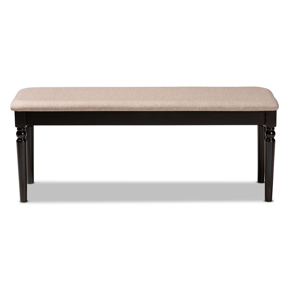 Sand Fabric Upholstered and Dark Brown Finished Wood Dining Bench. Picture 9