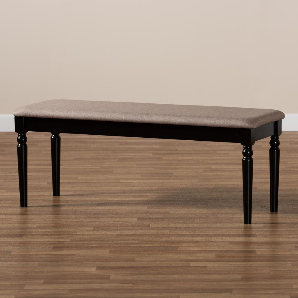Sand Fabric Upholstered and Dark Brown Finished Wood Dining Bench. Picture 13
