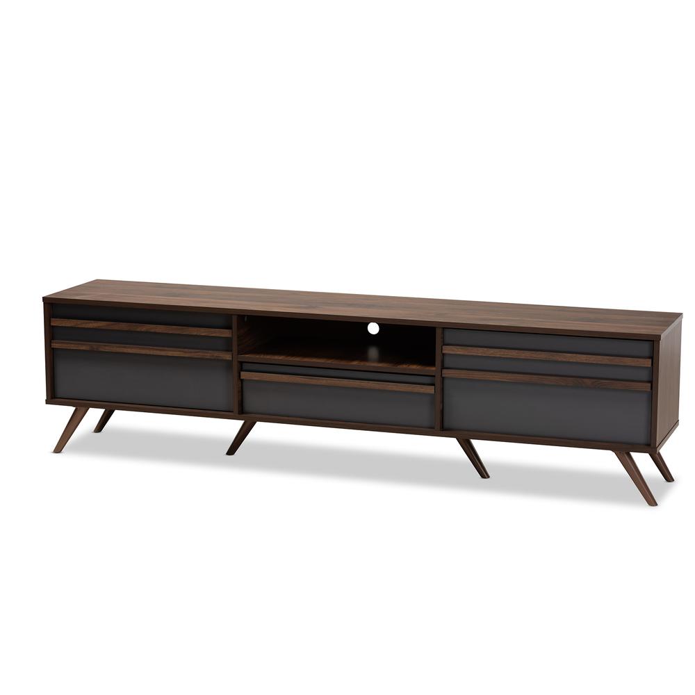 Two-Tone Grey and Walnut Finished Wood TV Stand with Drop-Down Compartments. Picture 10