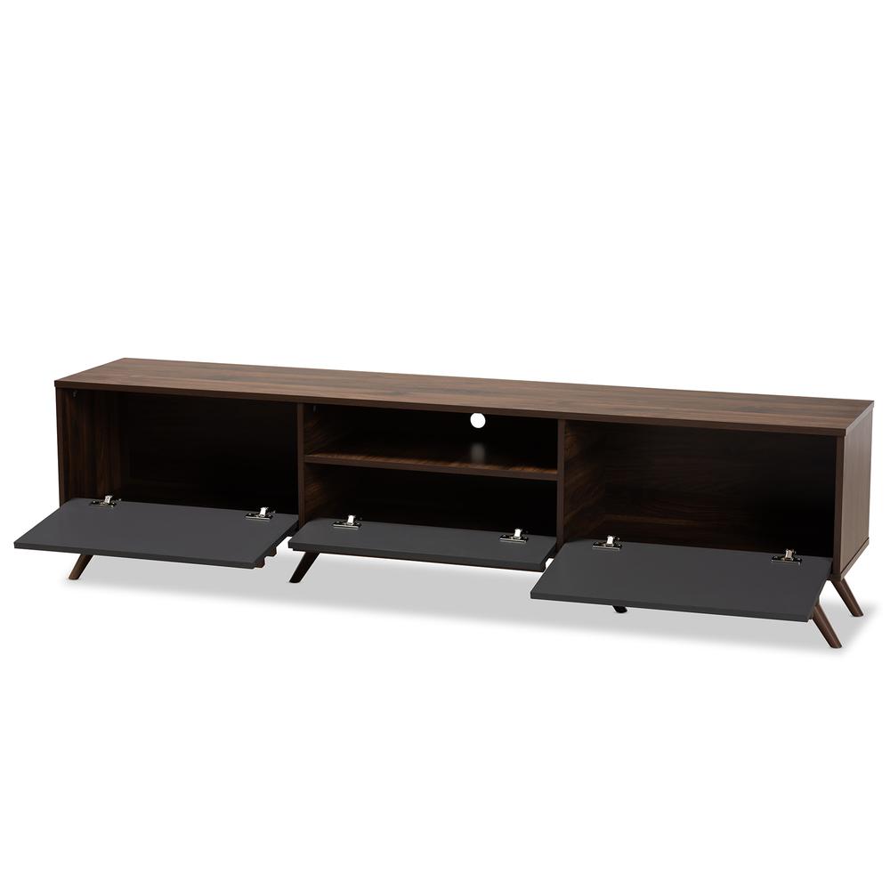 Two-Tone Grey and Walnut Finished Wood TV Stand with Drop-Down Compartments. Picture 11