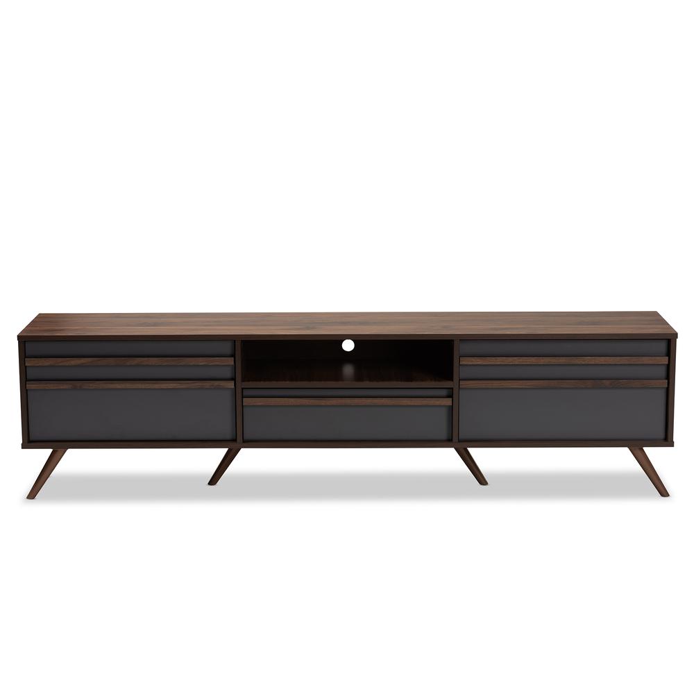 Two-Tone Grey and Walnut Finished Wood TV Stand with Drop-Down Compartments. Picture 12