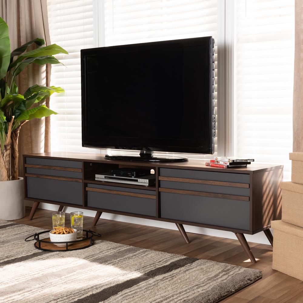 Two-Tone Grey and Walnut Finished Wood TV Stand with Drop-Down Compartments. Picture 16