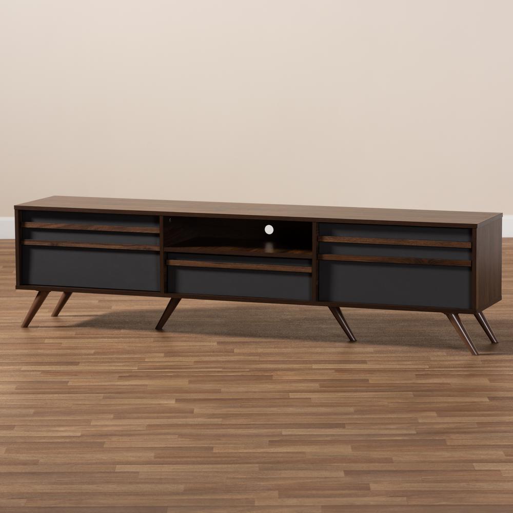 Two-Tone Grey and Walnut Finished Wood TV Stand with Drop-Down Compartments. Picture 17