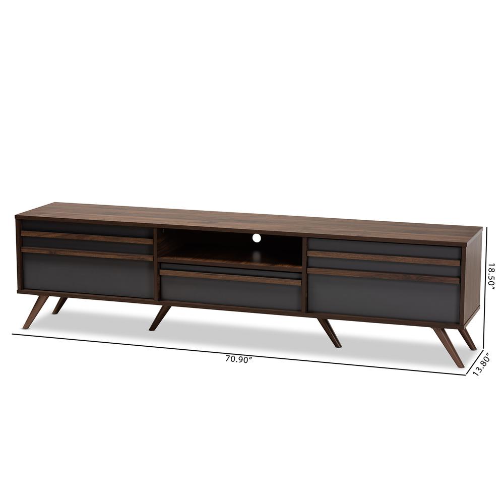 Two-Tone Grey and Walnut Finished Wood TV Stand with Drop-Down Compartments. Picture 18