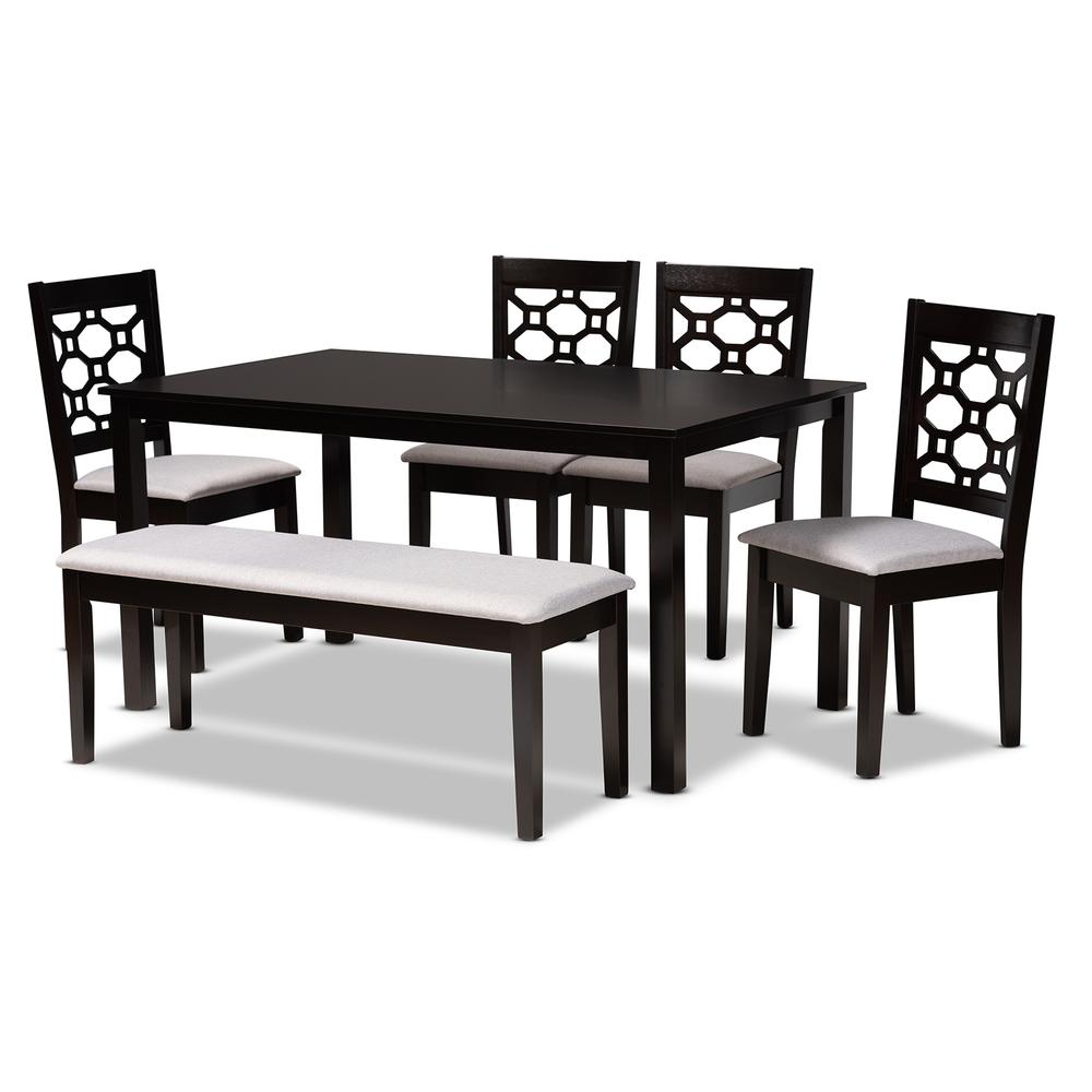 Grey Fabric Upholstered and Dark Brown Finished Wood 6-Piece Dining Set. Picture 10