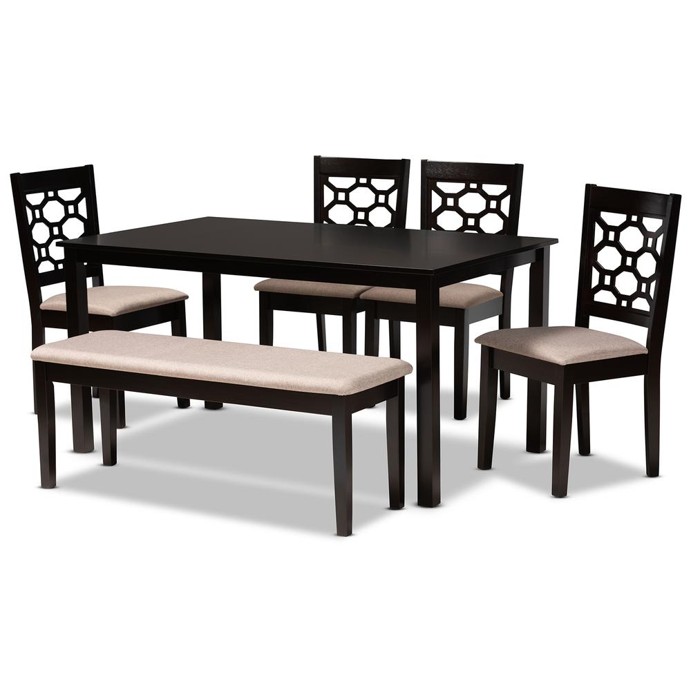 Sand Fabric Upholstered and Dark Brown Finished Wood 6-Piece Dining Set. Picture 10