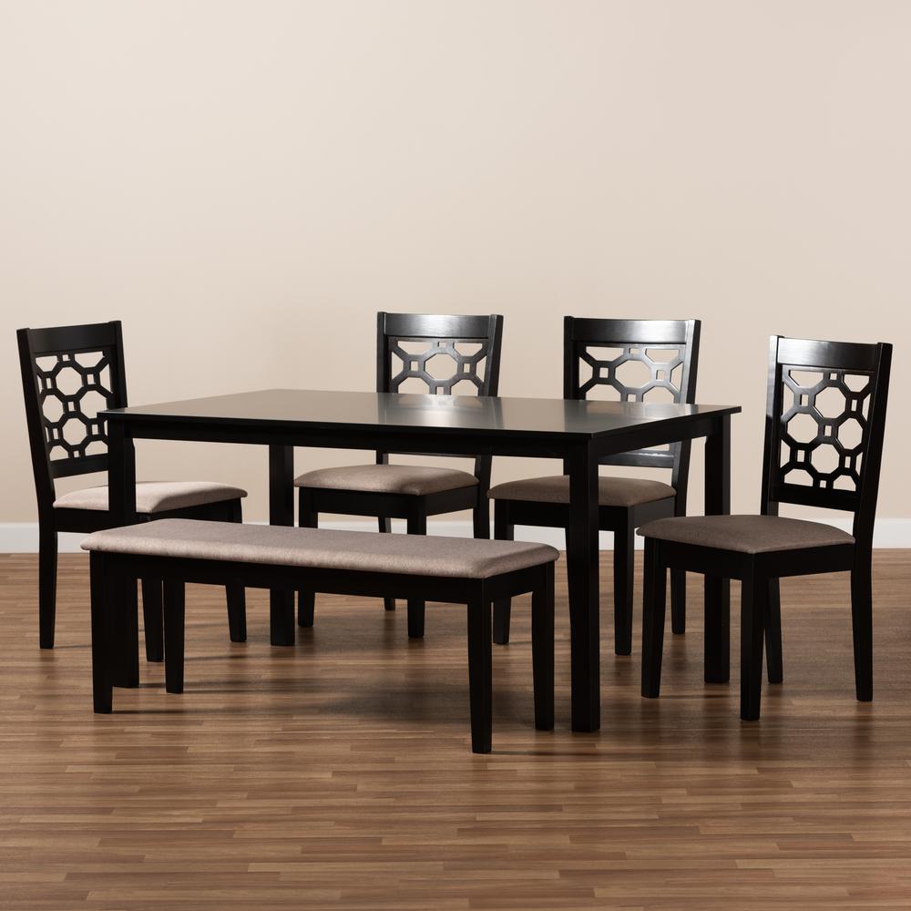 Sand Fabric Upholstered and Dark Brown Finished Wood 6-Piece Dining Set. Picture 17