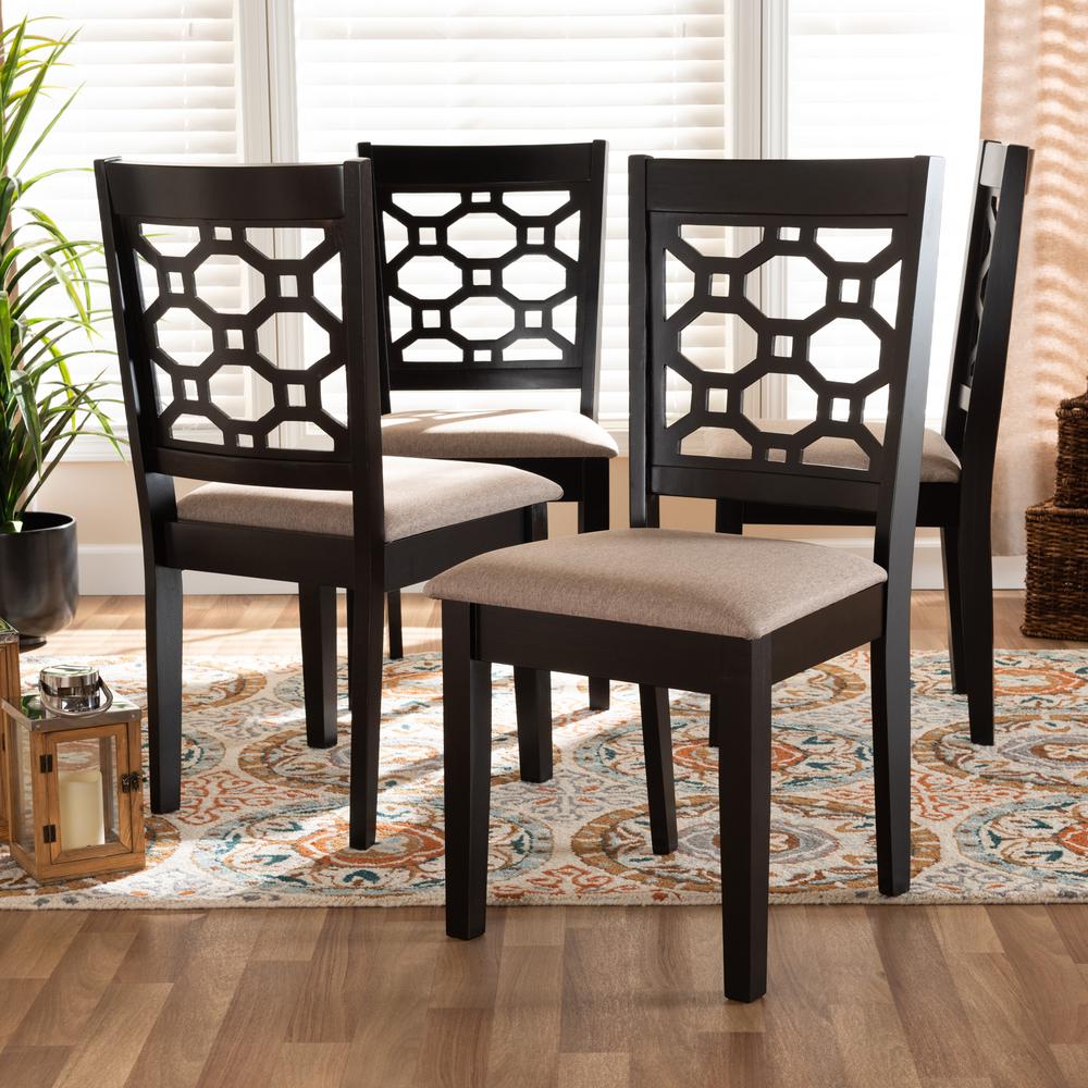 Sand Fabric Upholstered and Dark Brown Finished Wood 4-Piece Dining Chair Set. Picture 10