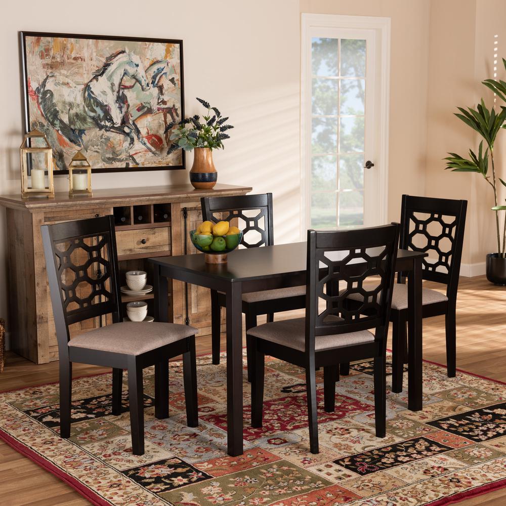 Sand Fabric Upholstered and Dark Brown Finished Wood 5-Piece Dining Set. Picture 14