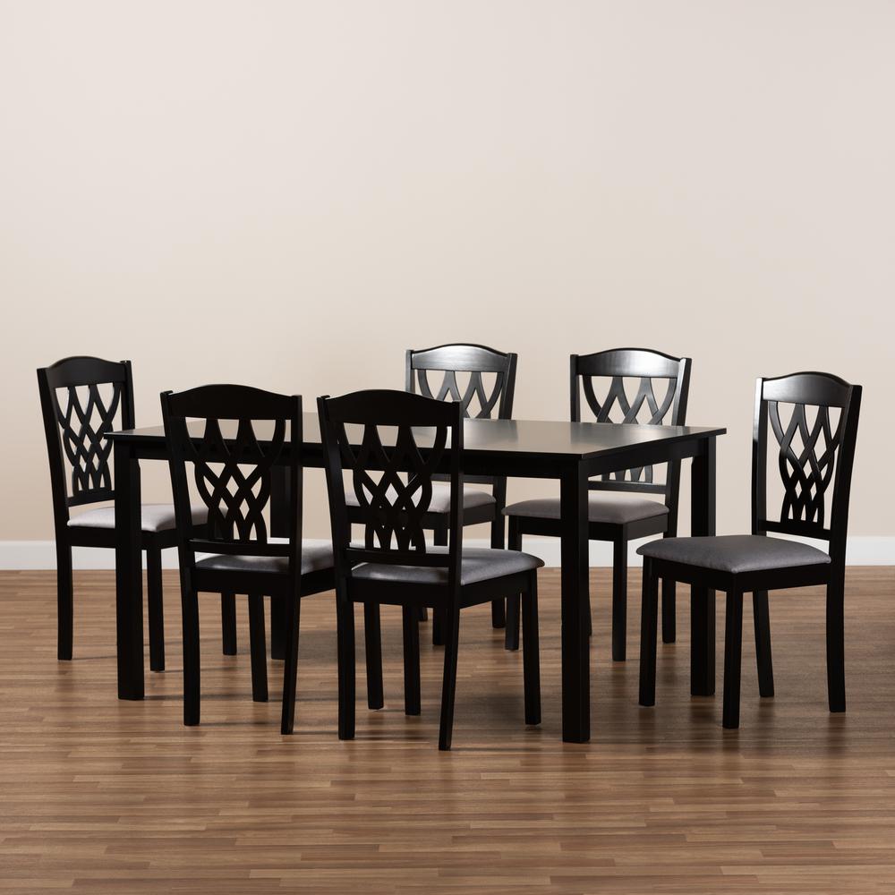Grey Fabric Upholstered and Dark Brown Finished Wood 7-Piece Dining Set. Picture 15