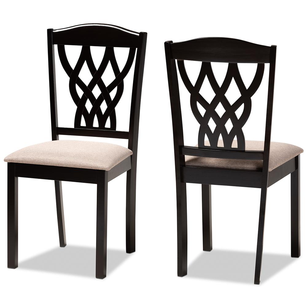 Sand Fabric Upholstered and Dark Brown Finished Wood 2-Piece Dining Chair Set. Picture 8
