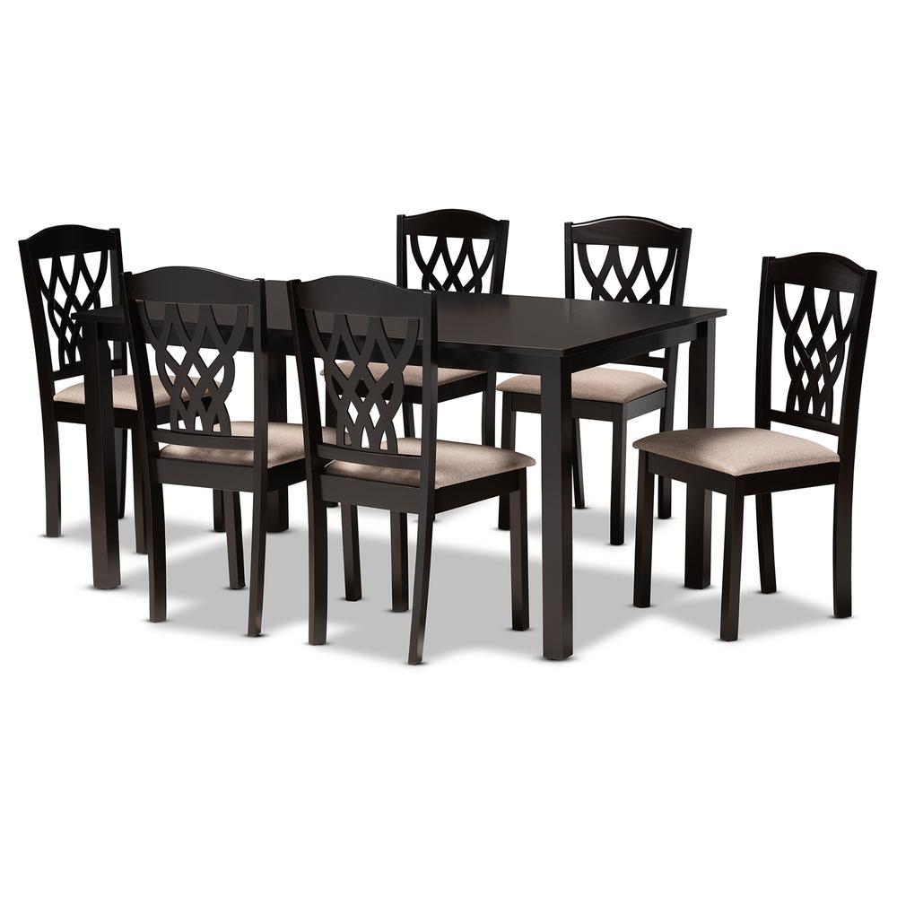 Sand Fabric Upholstered and Dark Brown Finished Wood 7-Piece Dining Set. Picture 9