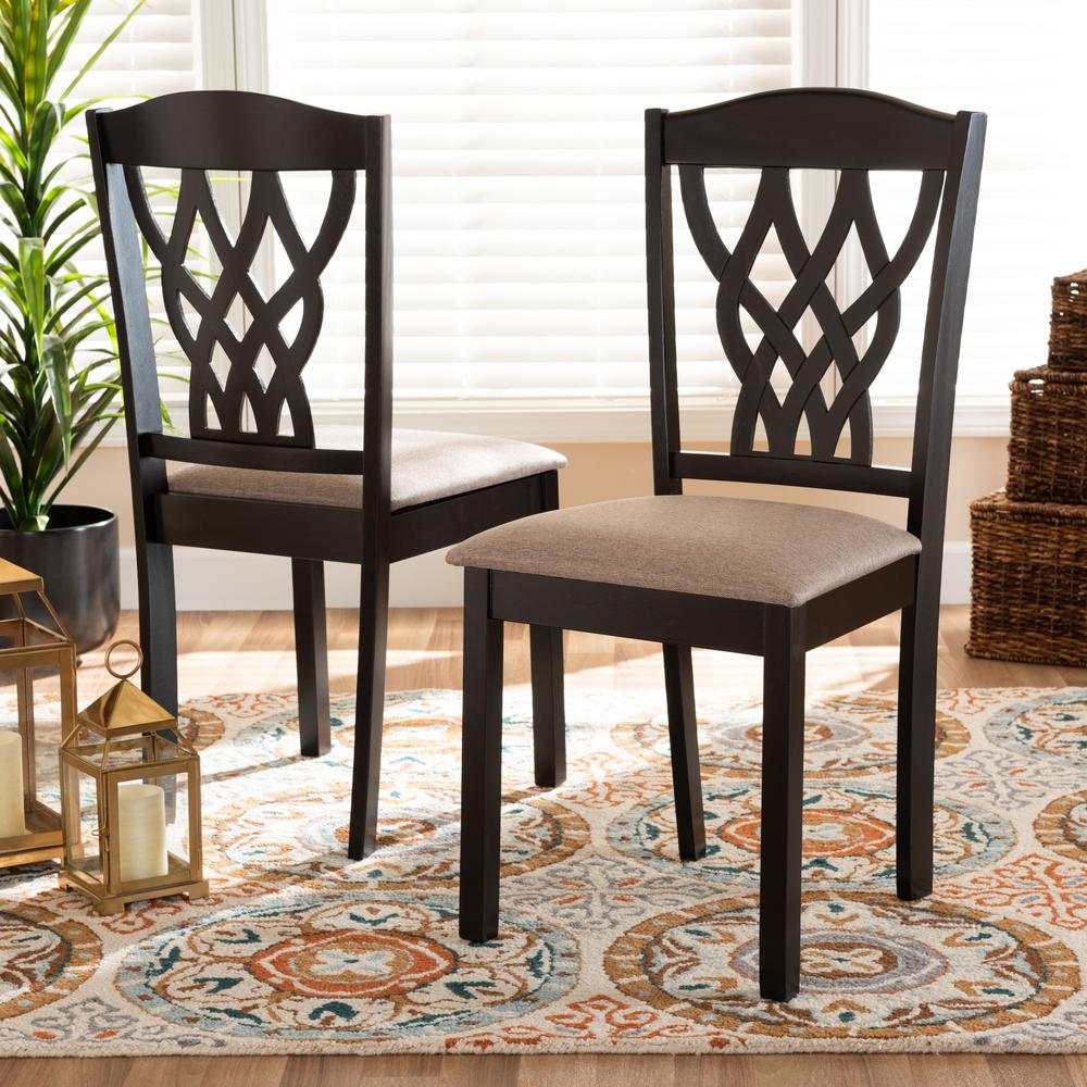 Sand Fabric Upholstered and Dark Brown Finished Wood 2-Piece Dining Chair Set. Picture 12