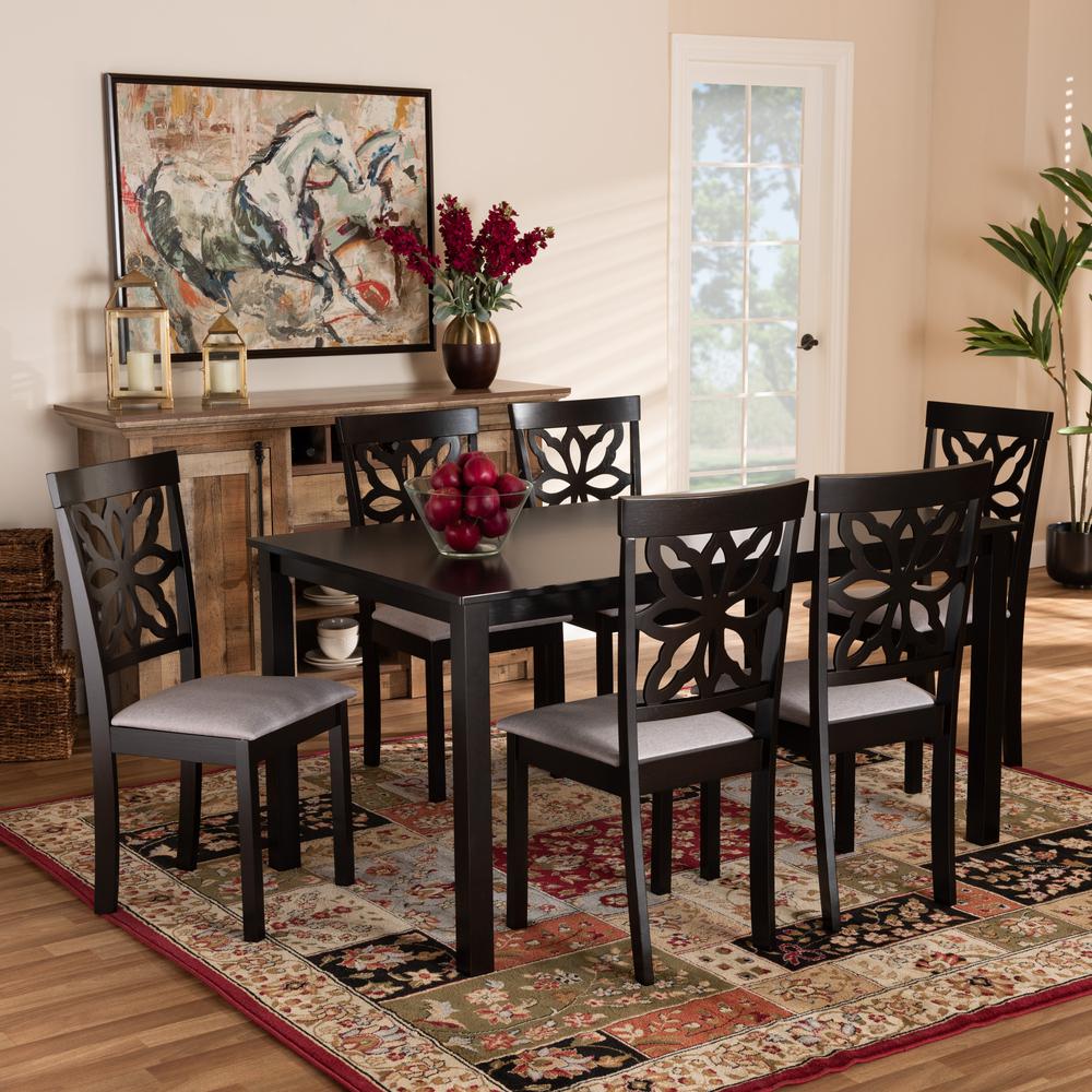 Grey Fabric Upholstered and Dark Brown Finished Wood 7-Piece Dining Set. Picture 14