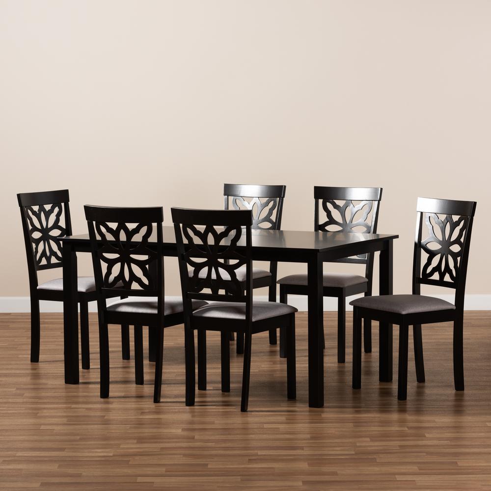 Grey Fabric Upholstered and Dark Brown Finished Wood 7-Piece Dining Set. Picture 15