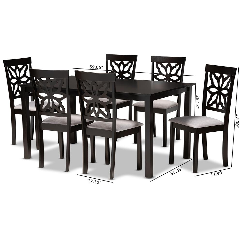 Grey Fabric Upholstered and Dark Brown Finished Wood 7-Piece Dining Set. Picture 16