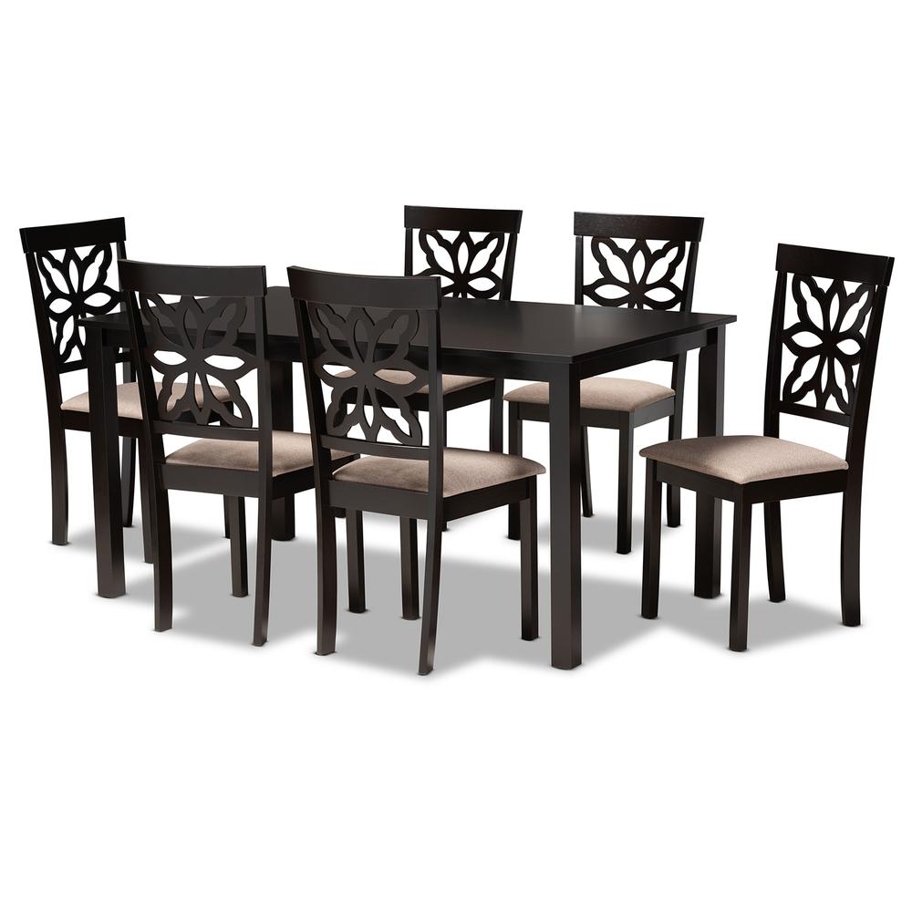 Sand Fabric Upholstered and Dark Brown Finished Wood 7-Piece Dining Set. Picture 9