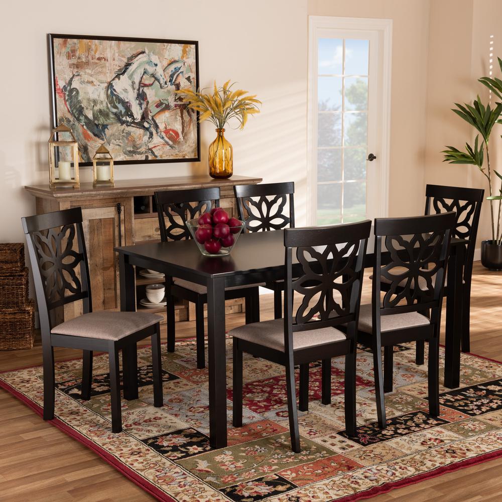 Sand Fabric Upholstered and Dark Brown Finished Wood 7-Piece Dining Set. Picture 14