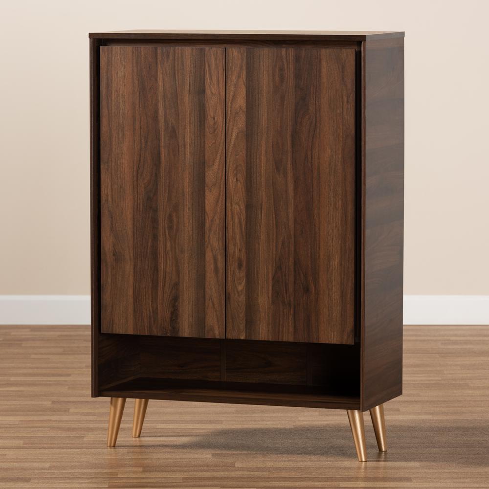 Walnut Brown and Gold Finished Wood 2-Door Entryway Shoe storage Cabinet. Picture 19