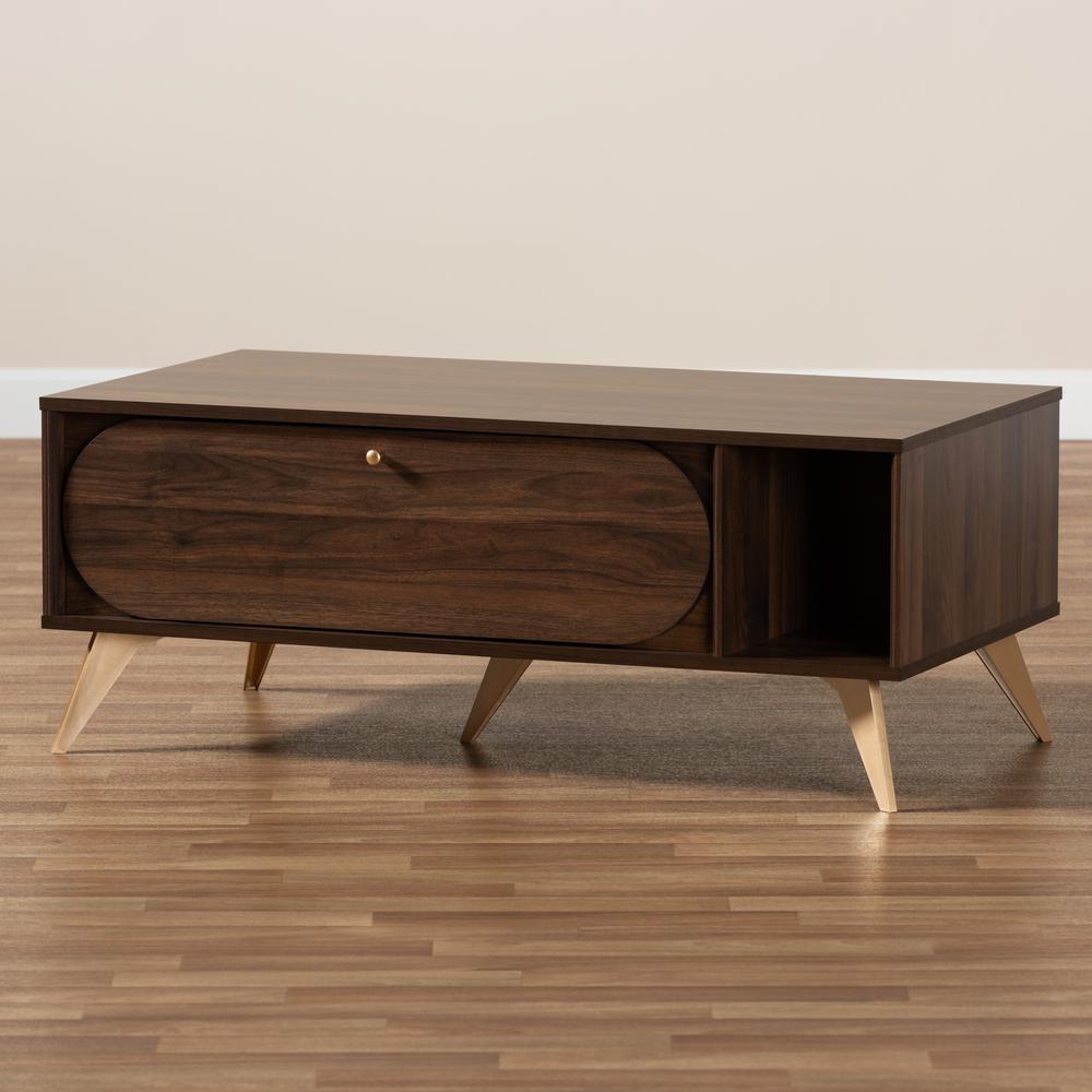 Edel Mid-Century Modern Walnut Brown and Gold Finished Wood Coffee Table. Picture 21