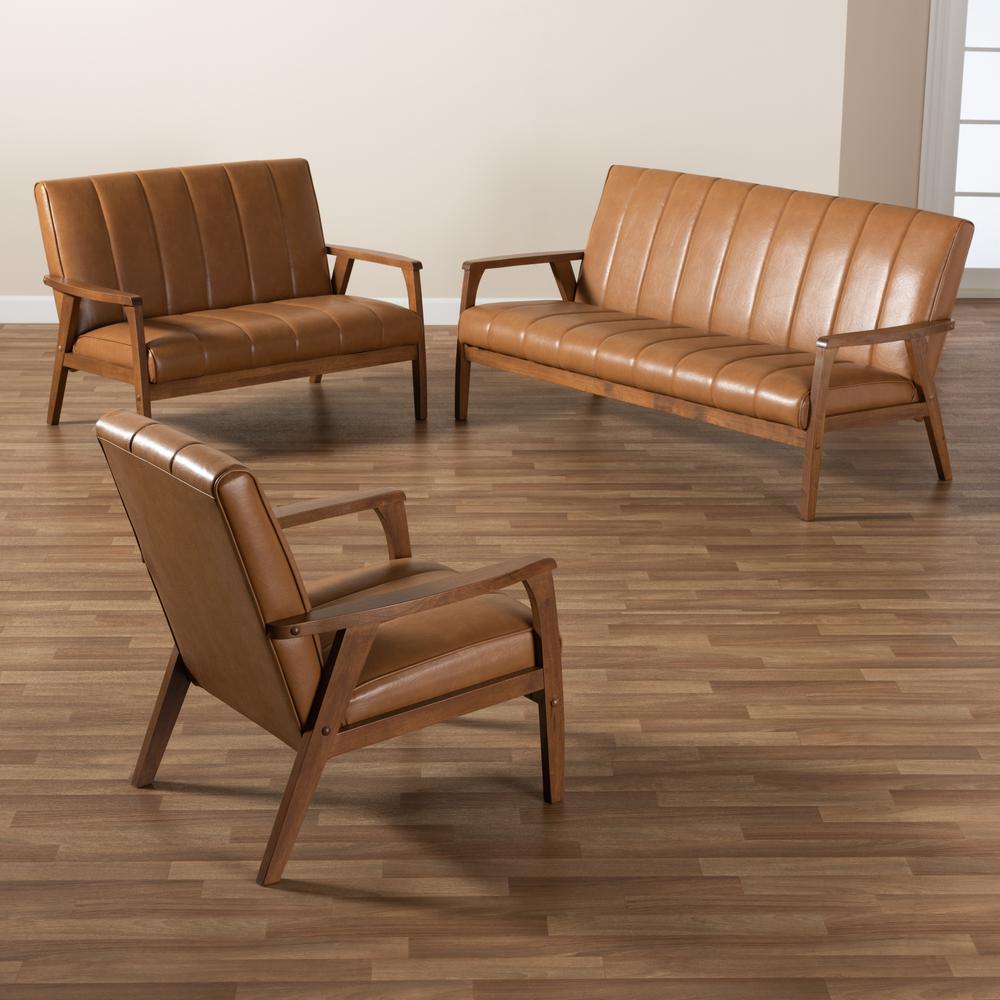 Modern Upholstered and Walnut Brown finished Wood 3-Piece Living Room Set. Picture 17