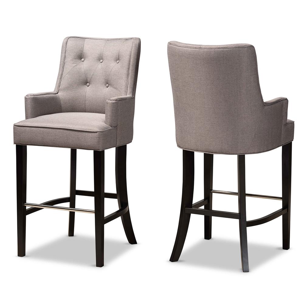 Grey Fabric Upholstered and Dark Brown Finished Wood 2-Piece Bar Stool Set. Picture 9