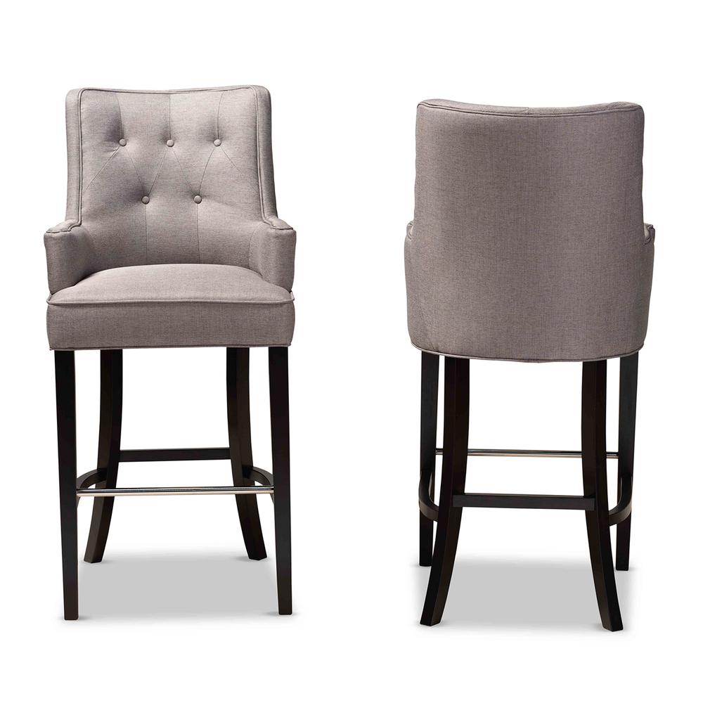 Grey Fabric Upholstered and Dark Brown Finished Wood 2-Piece Bar Stool Set. Picture 10