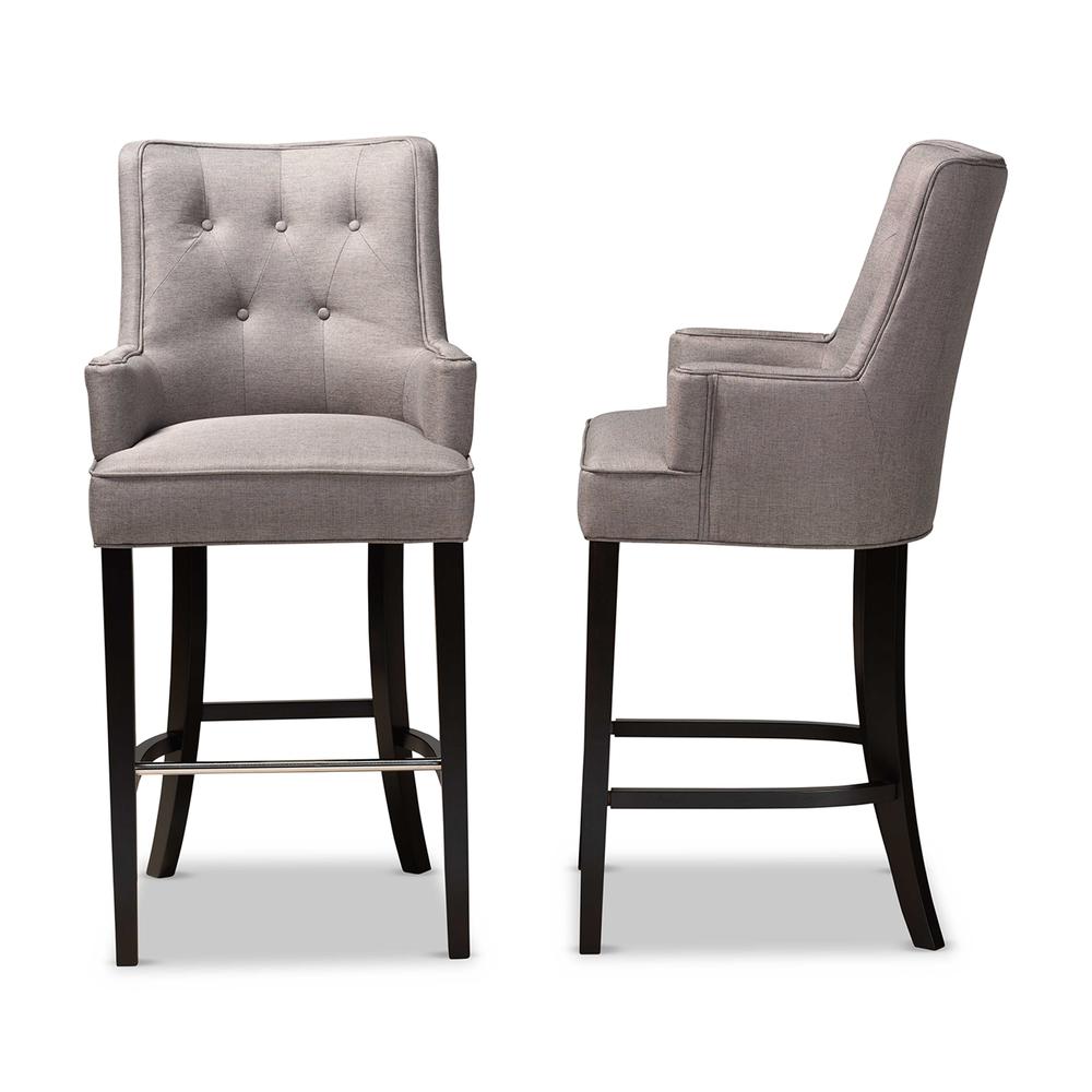 Grey Fabric Upholstered and Dark Brown Finished Wood 2-Piece Bar Stool Set. Picture 11