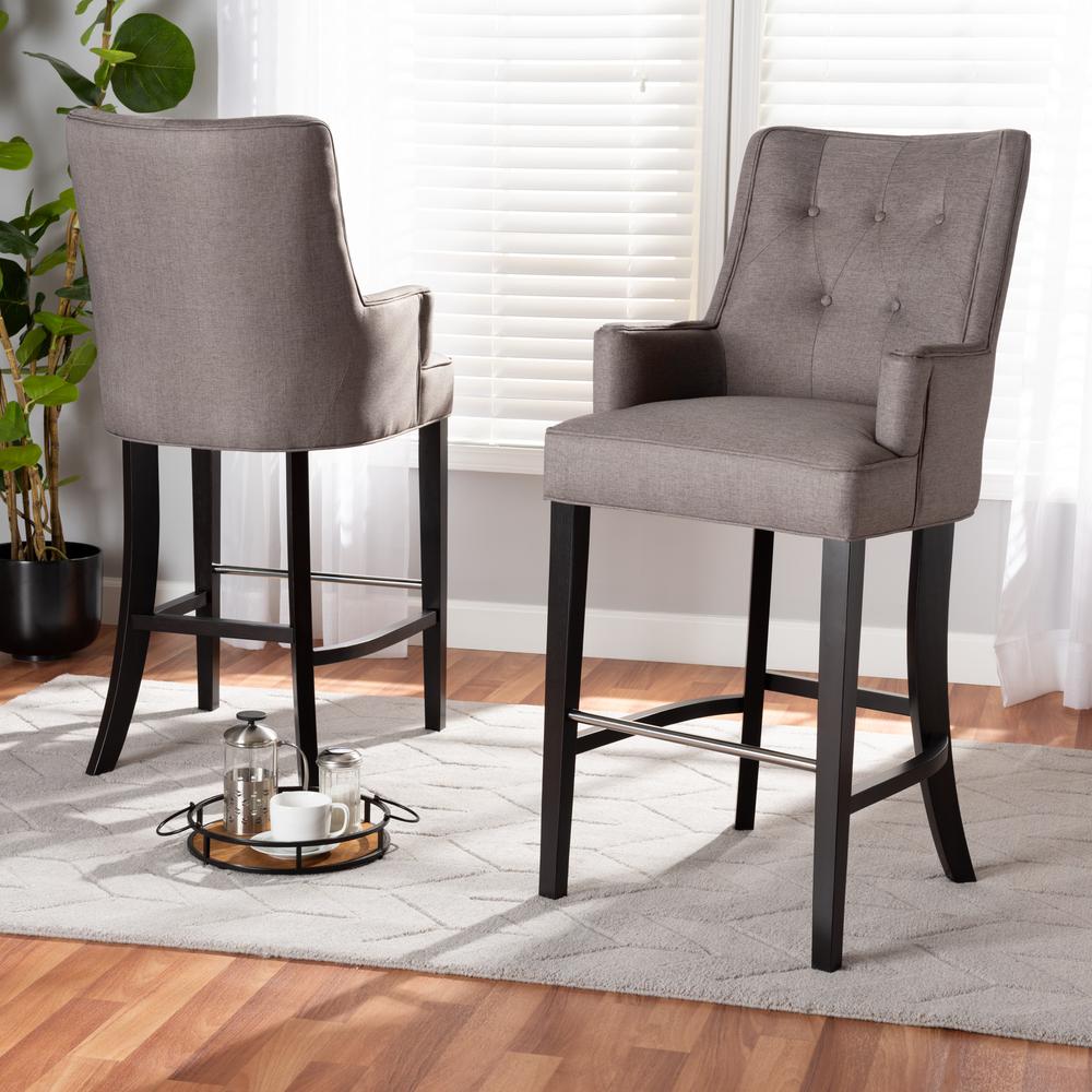 Grey Fabric Upholstered and Dark Brown Finished Wood 2-Piece Bar Stool Set. Picture 14
