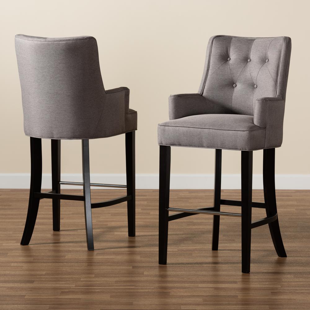 Grey Fabric Upholstered and Dark Brown Finished Wood 2-Piece Bar Stool Set. Picture 15
