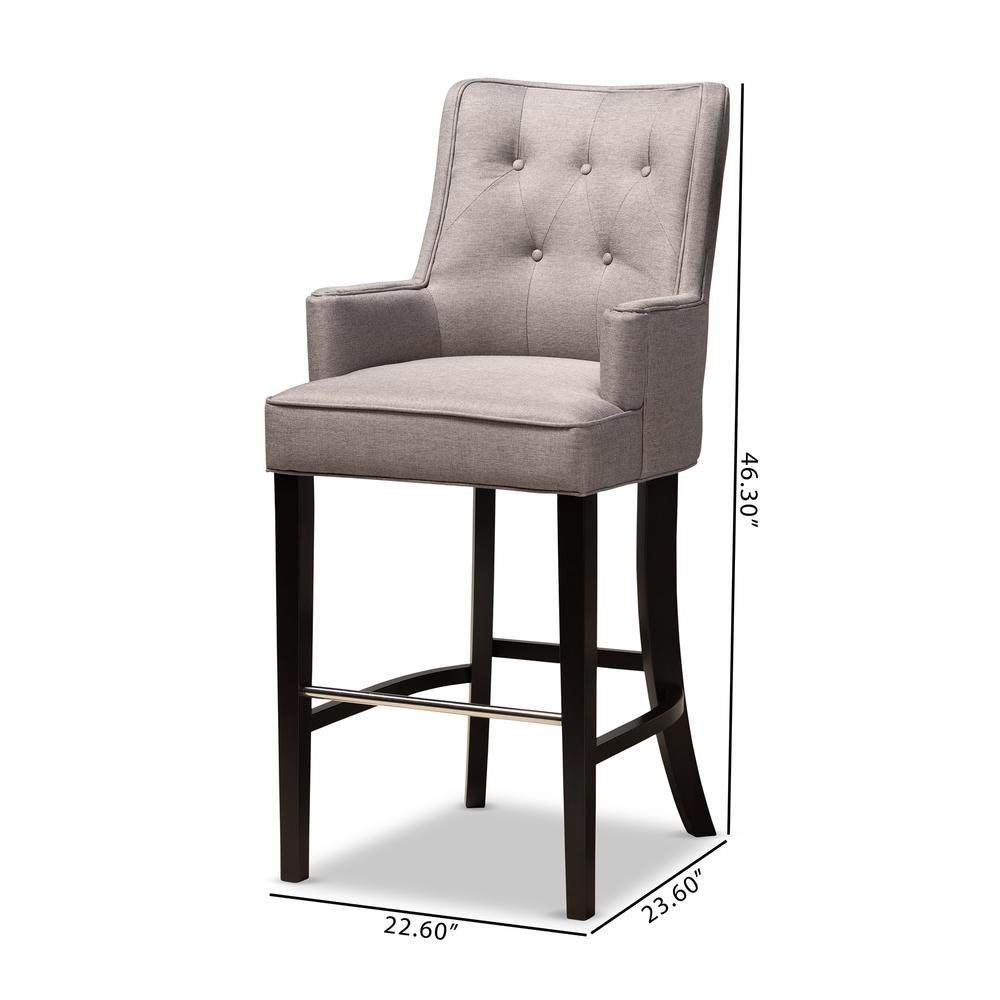 Grey Fabric Upholstered and Dark Brown Finished Wood 2-Piece Bar Stool Set. Picture 16