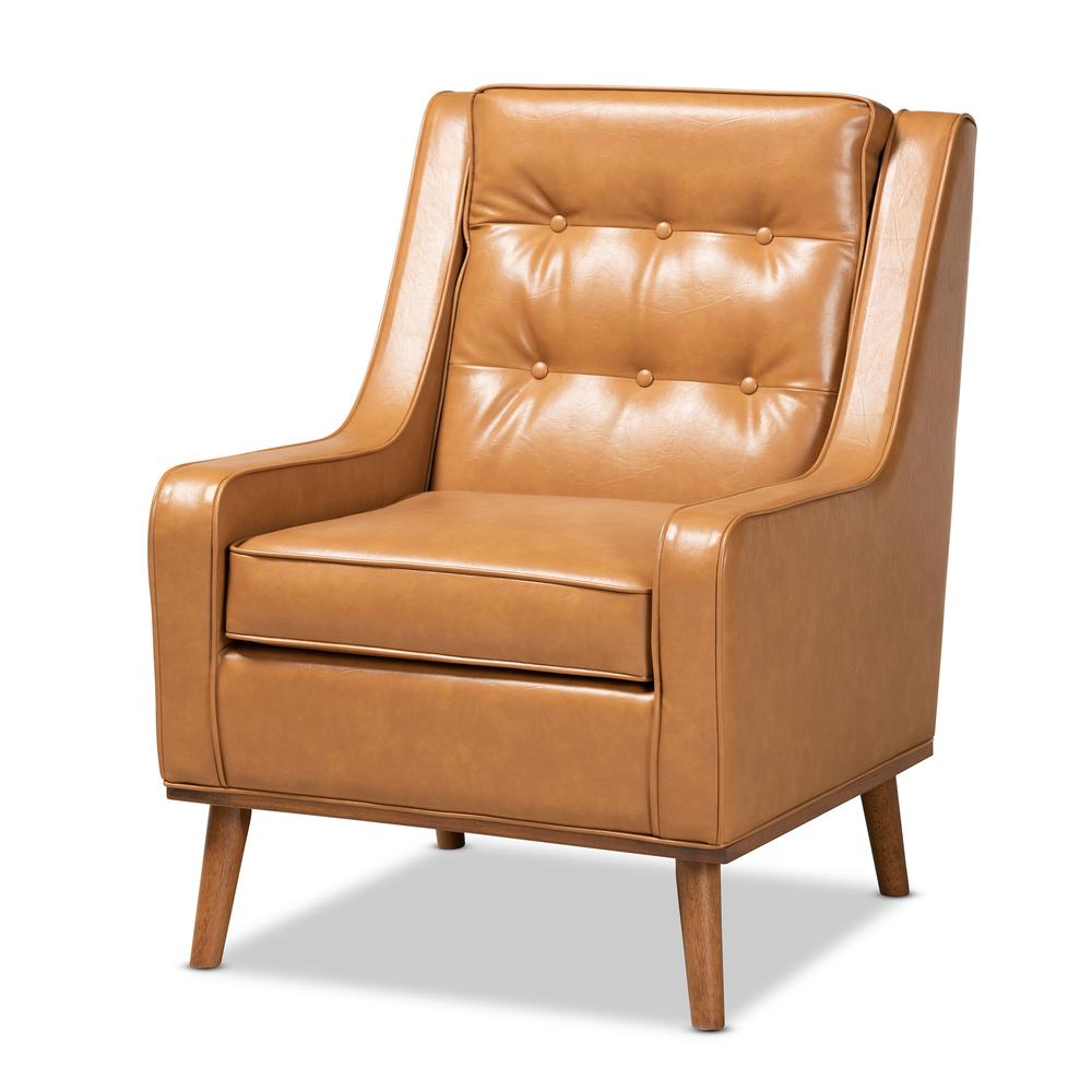 Tan Faux Leather Upholstered and Walnut Brown Finished Wood Lounge Armchair. Picture 11