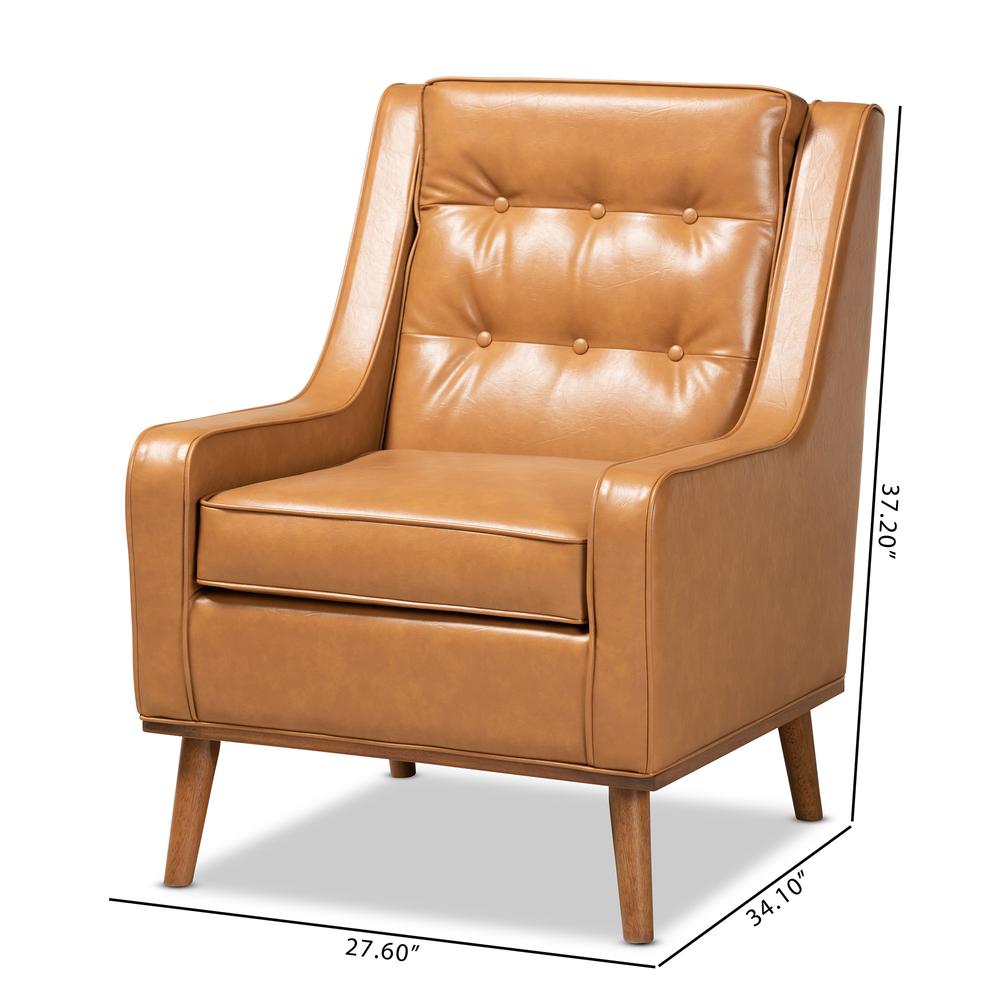 Tan Faux Leather Upholstered and Walnut Brown Finished Wood Lounge Armchair. Picture 20