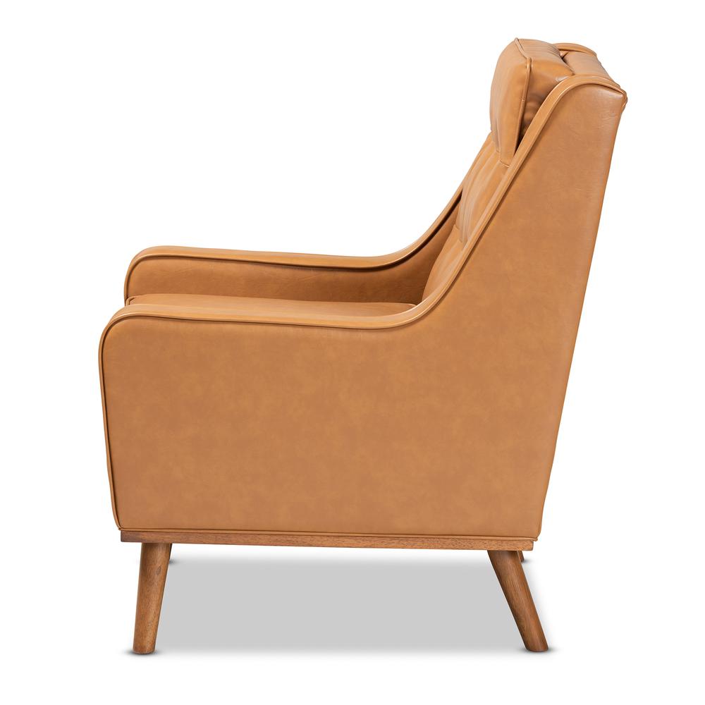 Tan Faux Leather Upholstered and Walnut Brown Finished Wood Lounge Armchair. Picture 13