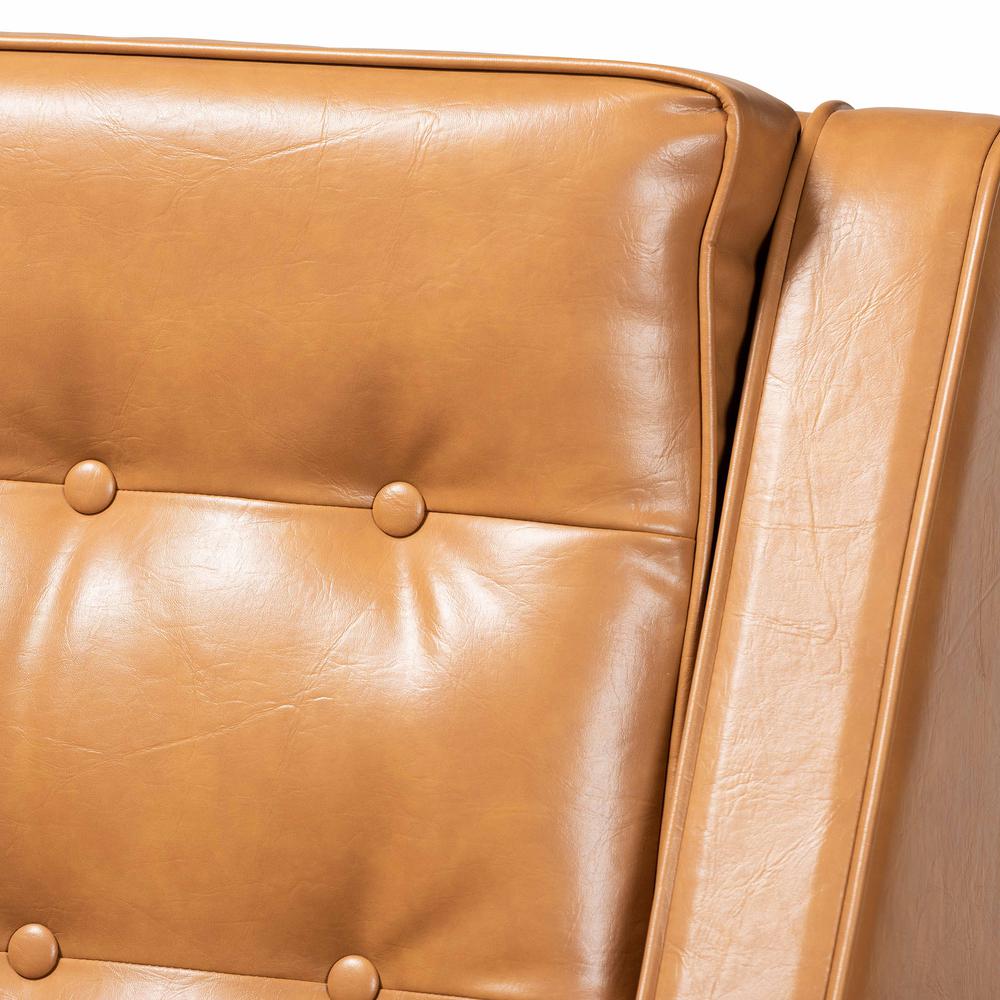 Tan Faux Leather Upholstered and Walnut Brown Finished Wood Lounge Armchair. Picture 15
