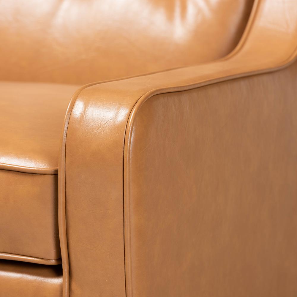Tan Faux Leather Upholstered and Walnut Brown Finished Wood Lounge Armchair. Picture 16