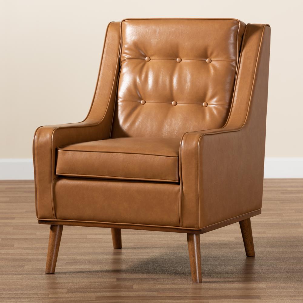 Tan Faux Leather Upholstered and Walnut Brown Finished Wood Lounge Armchair. Picture 19