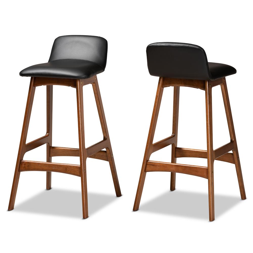 Leather Upholstered and Walnut Brown Finished Wood 2-Piece Bar Stool Set. Picture 9