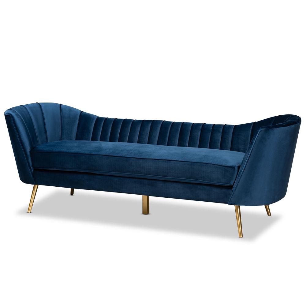 Kailyn Glam and Luxe Navy Blue Velvet Fabric Upholstered and Gold Finished Sofa. Picture 10