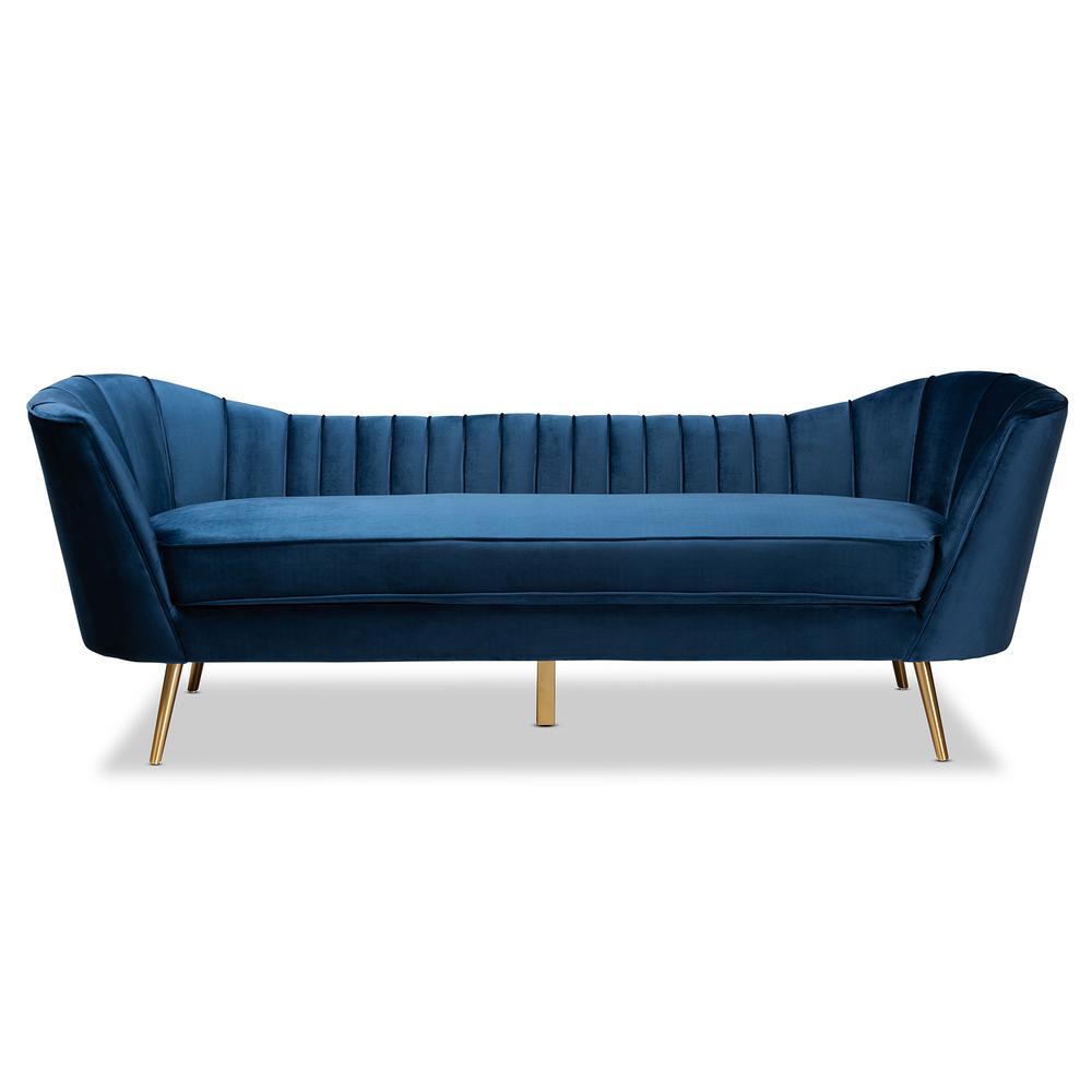 Kailyn Glam and Luxe Navy Blue Velvet Fabric Upholstered and Gold Finished Sofa. Picture 11