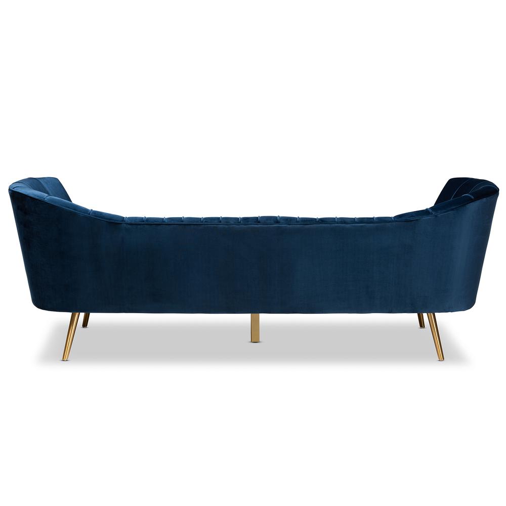 Kailyn Glam and Luxe Navy Blue Velvet Fabric Upholstered and Gold Finished Sofa. Picture 13