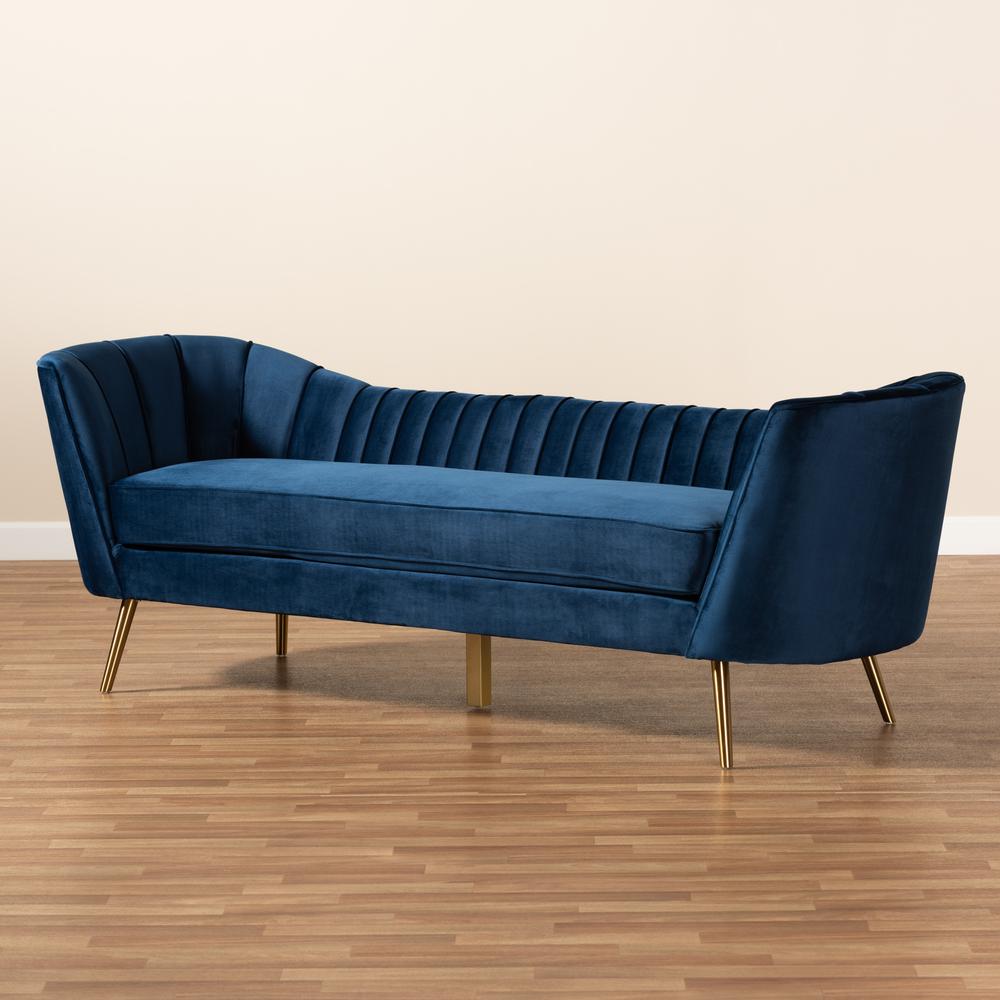 Kailyn Glam and Luxe Navy Blue Velvet Fabric Upholstered and Gold Finished Sofa. Picture 17