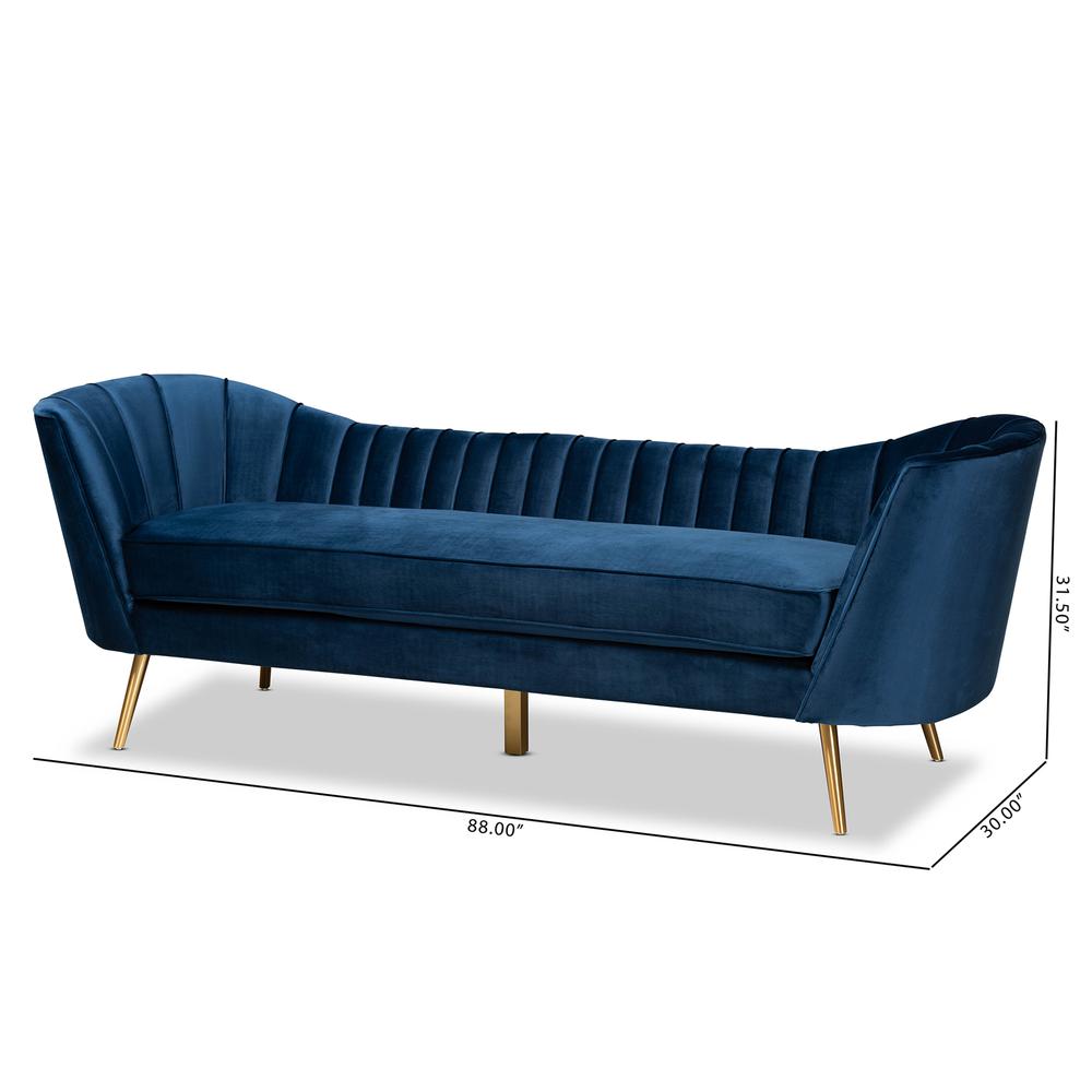 Kailyn Glam and Luxe Navy Blue Velvet Fabric Upholstered and Gold Finished Sofa. Picture 18