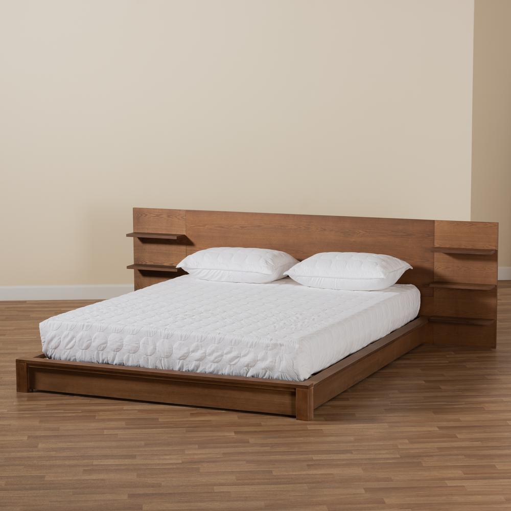Walnut Brown Finished Wood Queen Size Platform Storage Bed with Shelves. Picture 16