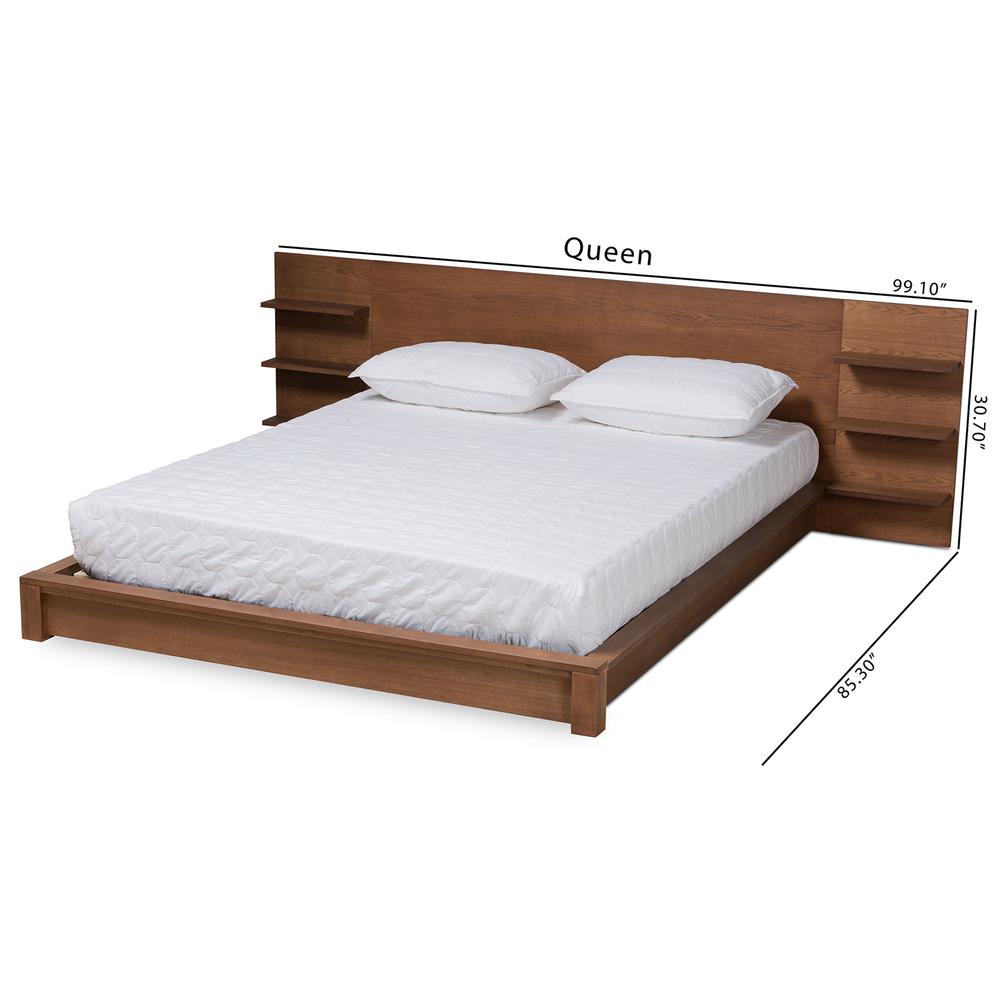 Walnut Brown Finished Wood Queen Size Platform Storage Bed with Shelves. Picture 17